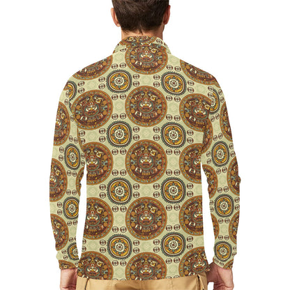 Calendar Aztec Themed Print Pattern Long Sleeve Polo Shirt For Men's