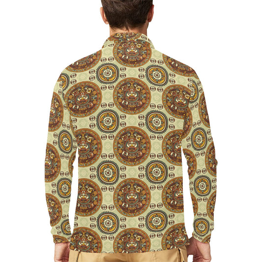 Calendar Aztec Themed Print Pattern Long Sleeve Polo Shirt For Men's