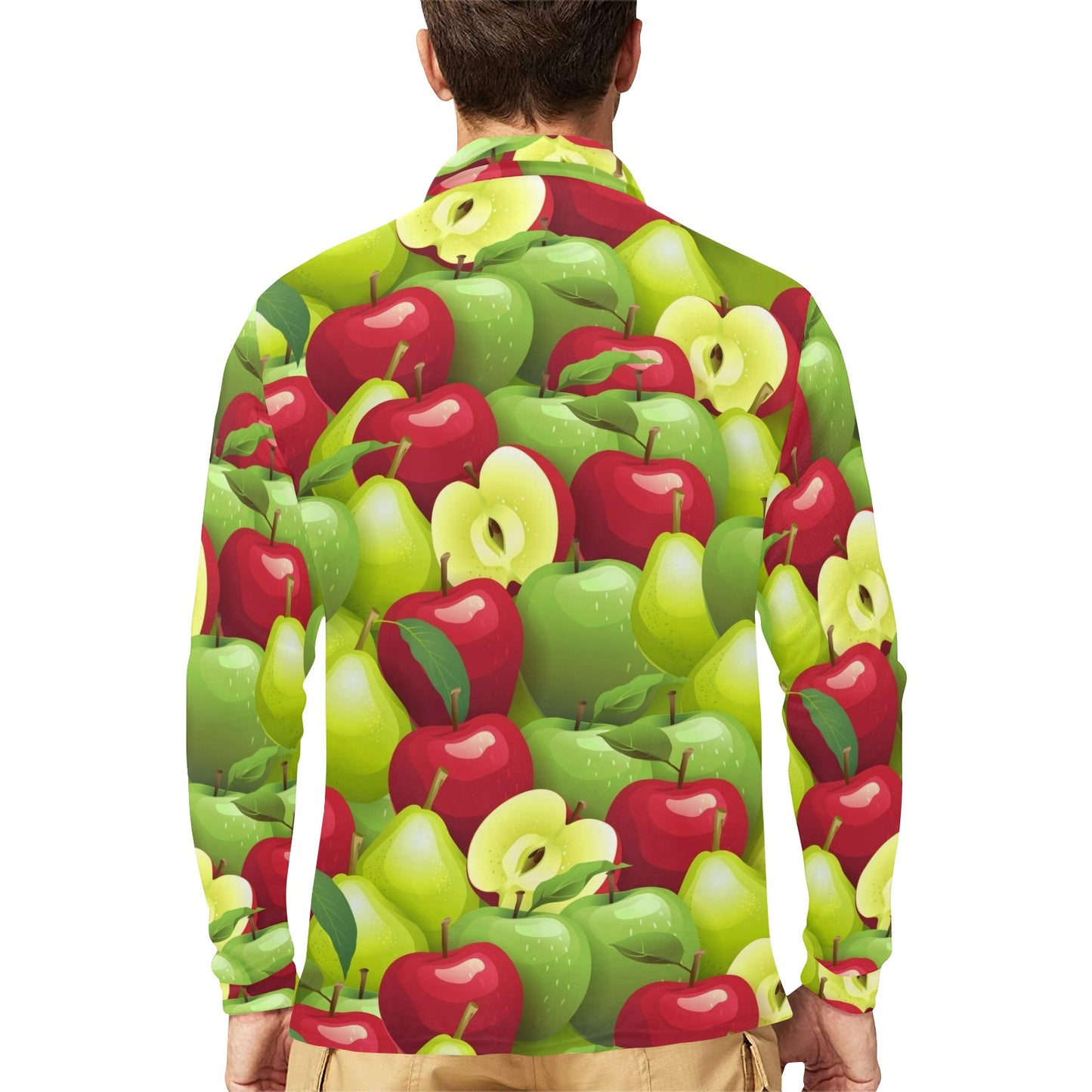 Apple Pattern Print Design AP03 Long Sleeve Polo Shirt For Men's
