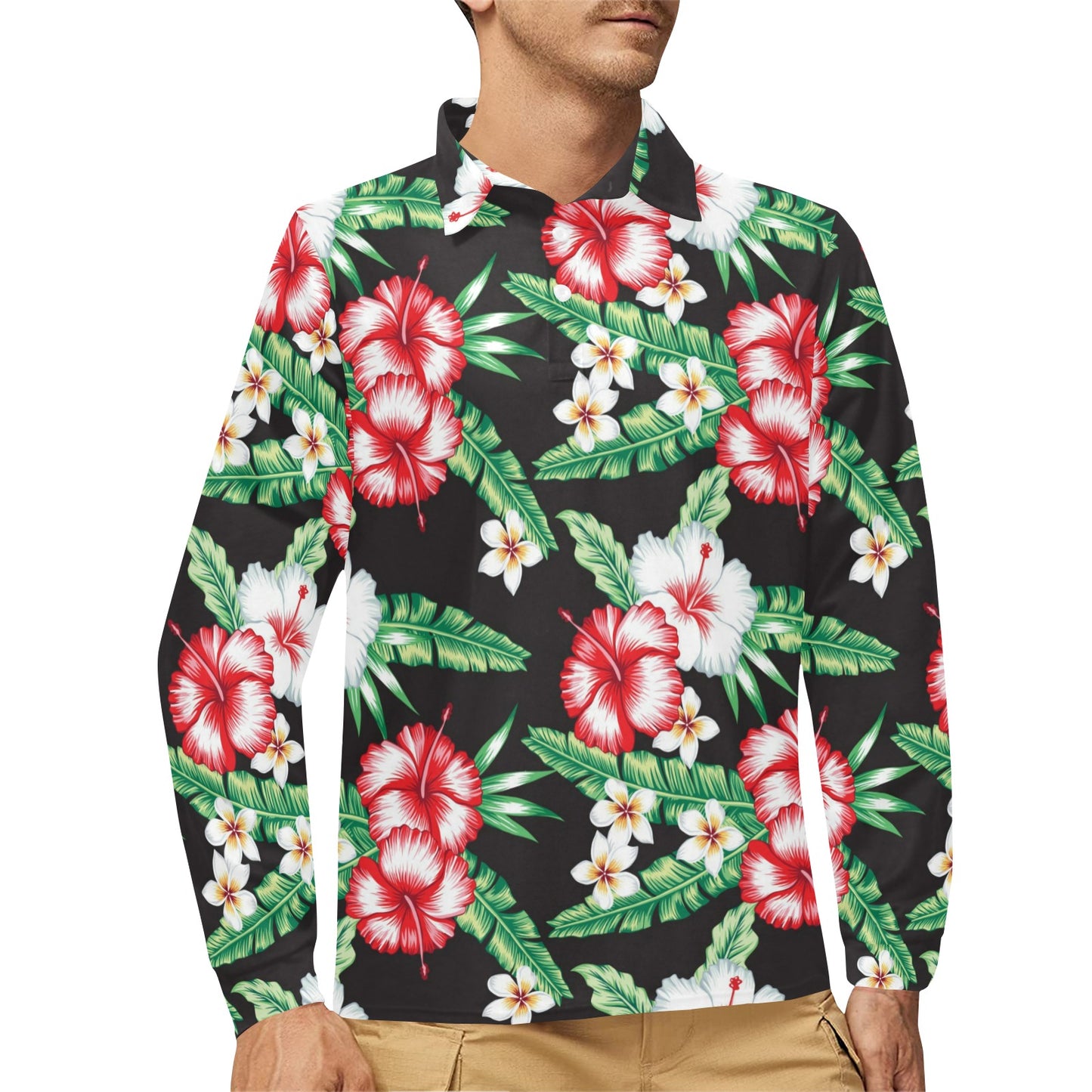 Hawaiian flower tropical leaves Long Sleeve Polo Shirt For Men's