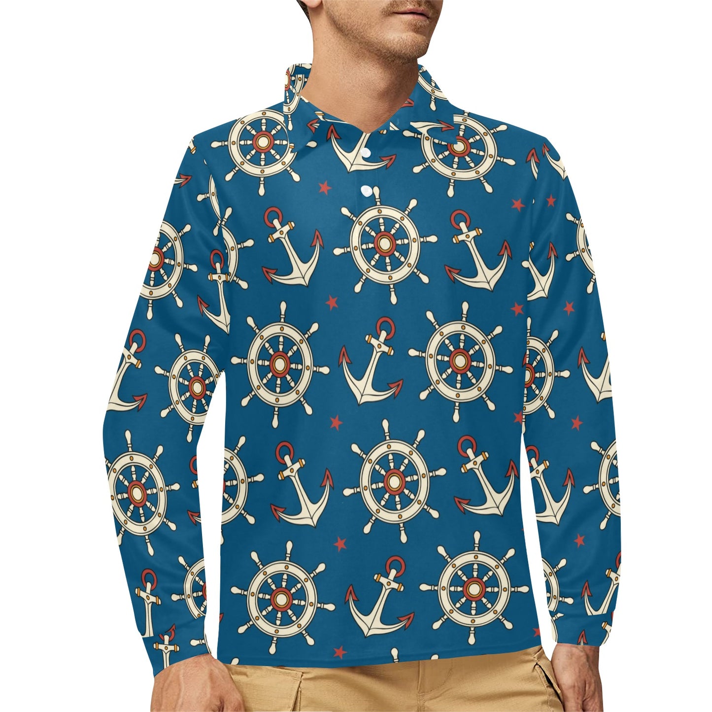 Anchor Pattern Print Design 02 Long Sleeve Polo Shirt For Men's
