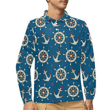 Anchor Pattern Print Design 02 Long Sleeve Polo Shirt For Men's