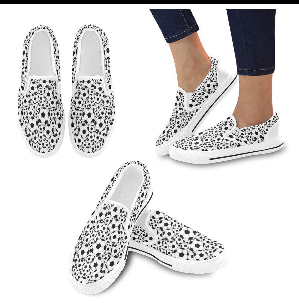 Soccer Ball Print Design LKS301 White Slip Ons Canvas Women's Shoes