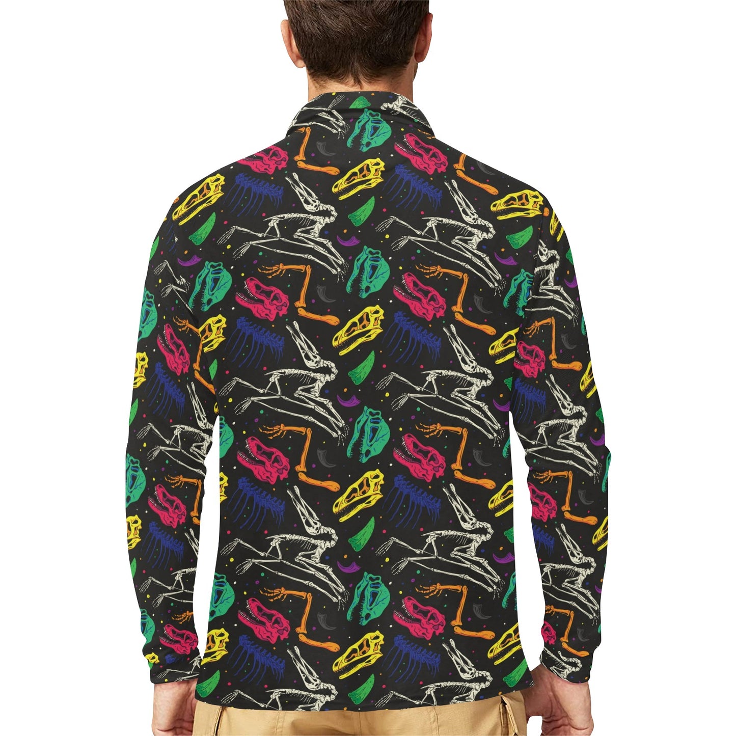 Dinosaur Skull Color Print Pattern Long Sleeve Polo Shirt For Men's