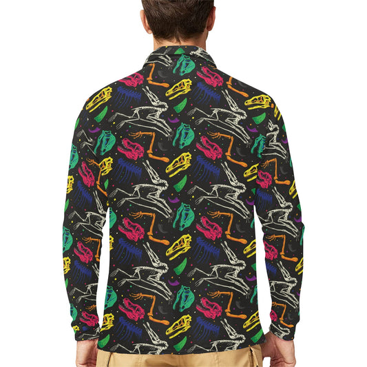 Dinosaur Skull Color Print Pattern Long Sleeve Polo Shirt For Men's