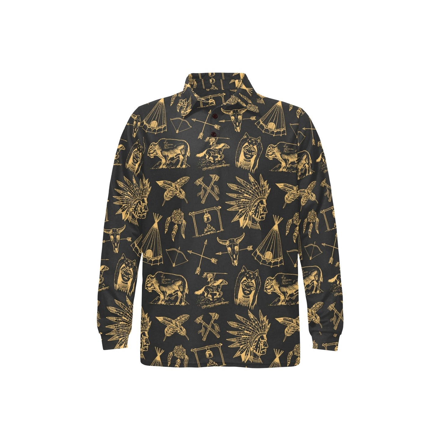 American indian Gold Style Long Sleeve Polo Shirt For Men's