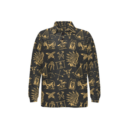 American indian Gold Style Long Sleeve Polo Shirt For Men's