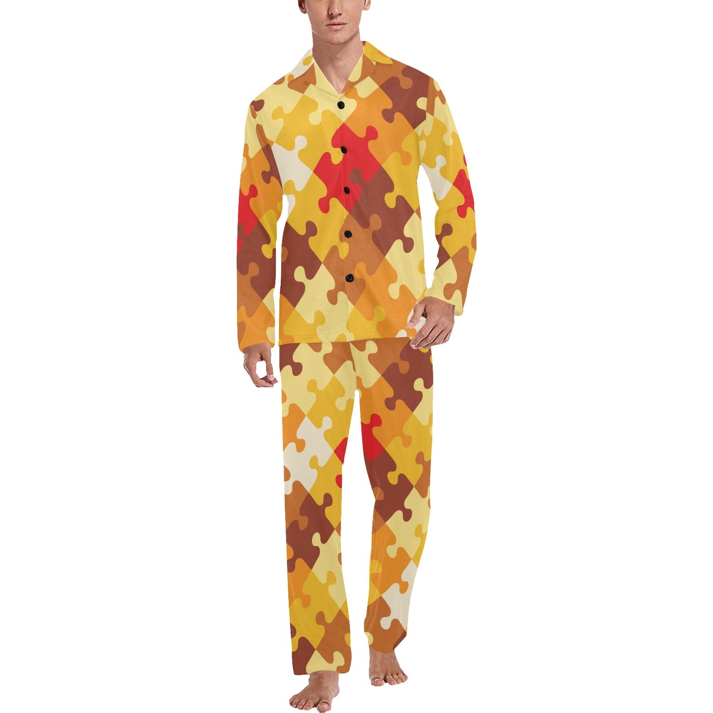 Puzzle Pattern Print Design A01 Men's Long Pajama Set