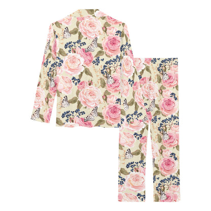 Floral Pink Butterfly Print Women's Long Pajama Set