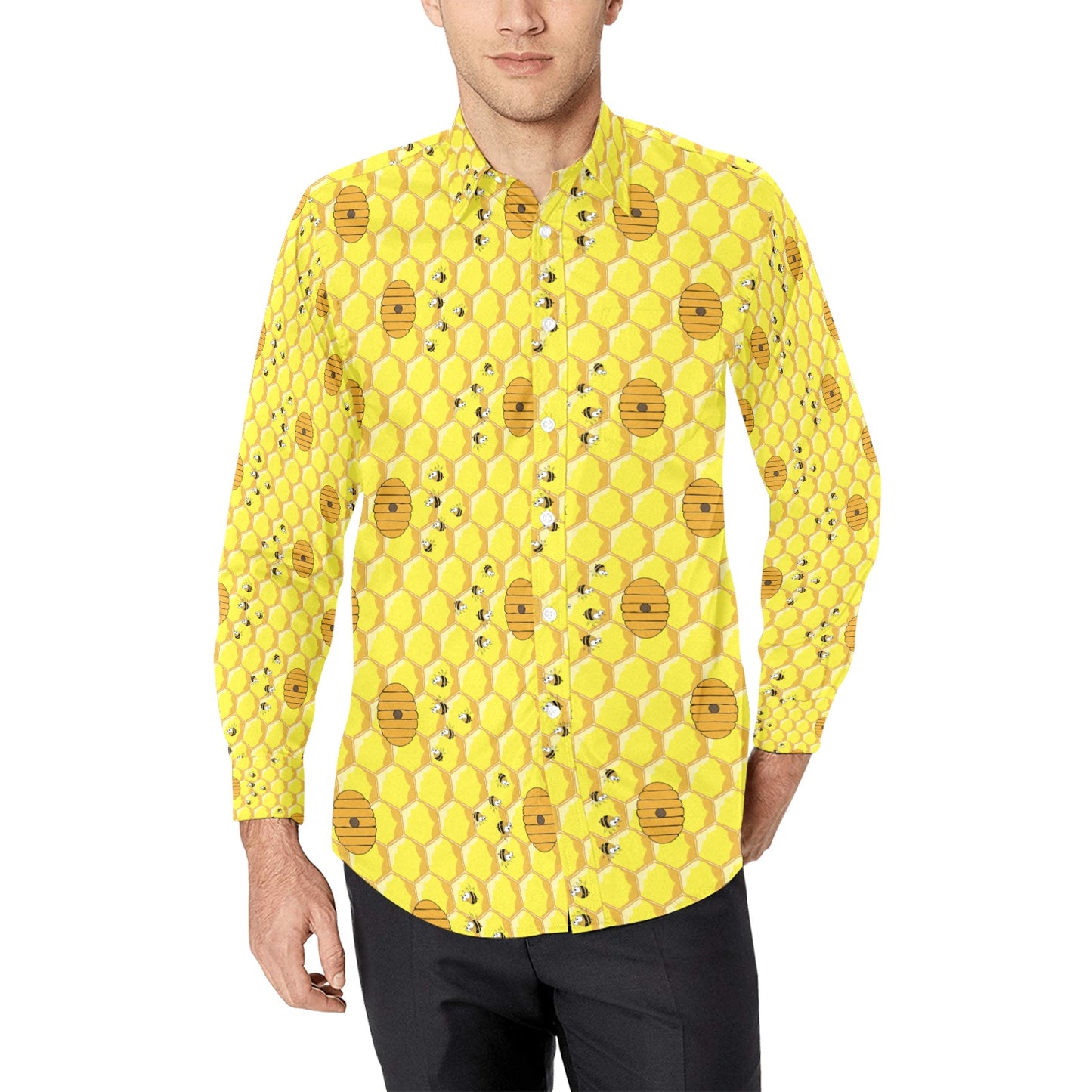 Honey Bee Print Design LKS303 Men's Long Sleeve Dress Shirt