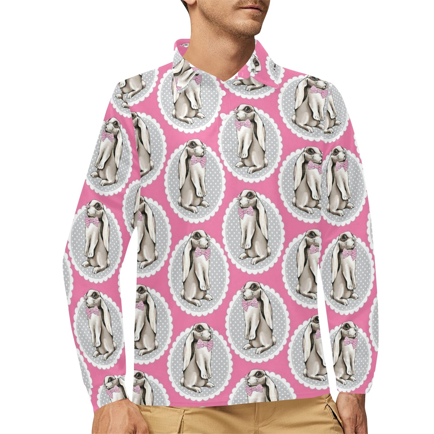 Rabbit Pattern Print Design RB019 Long Sleeve Polo Shirt For Men's