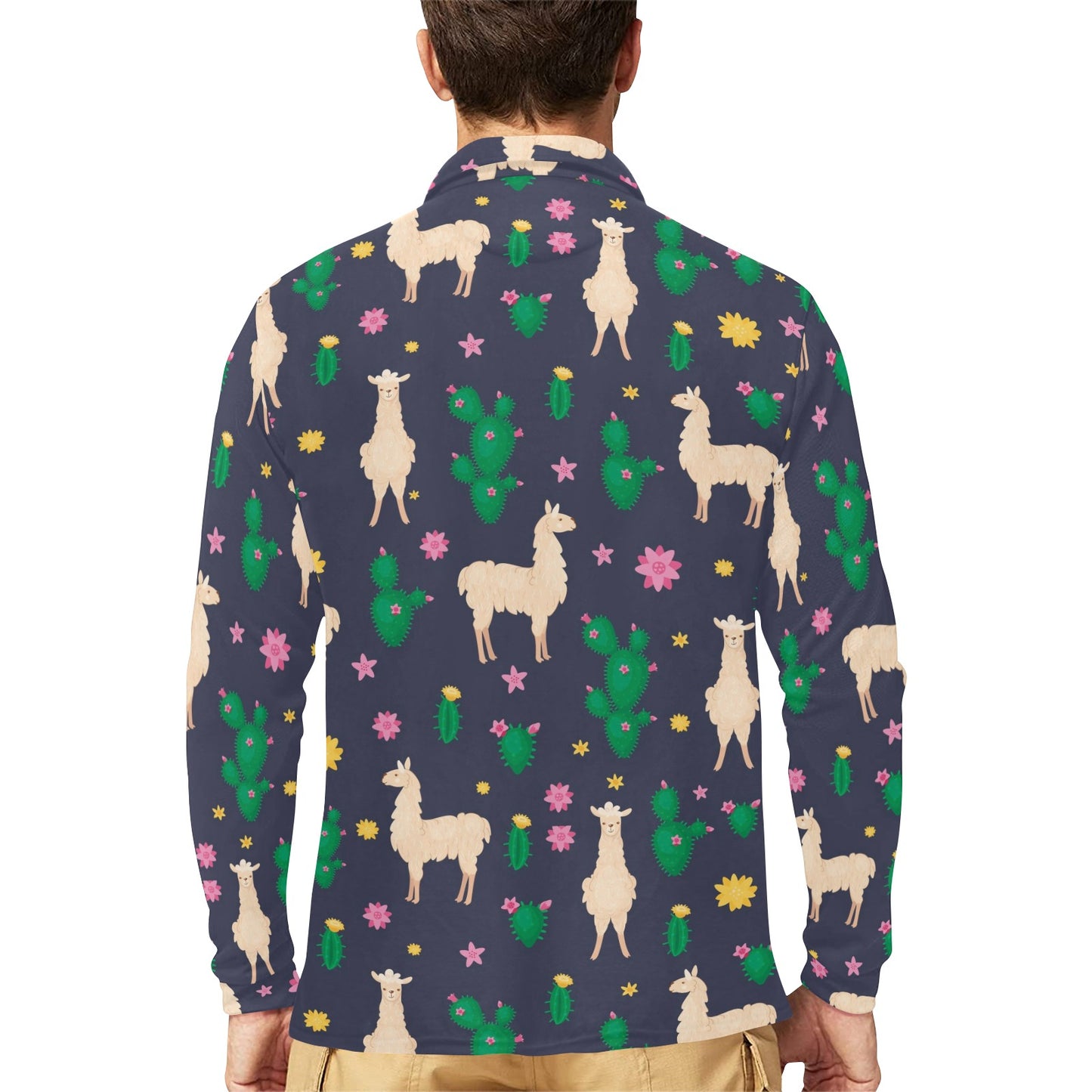 Llama Cactus Pattern Print Design 012 Long Sleeve Polo Shirt For Men's