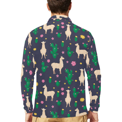 Llama Cactus Pattern Print Design 012 Long Sleeve Polo Shirt For Men's