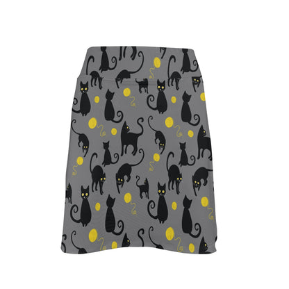 Black Cat Yellow Yarn Print Pattern 17" Golf & Pickleball Skort with Pockets