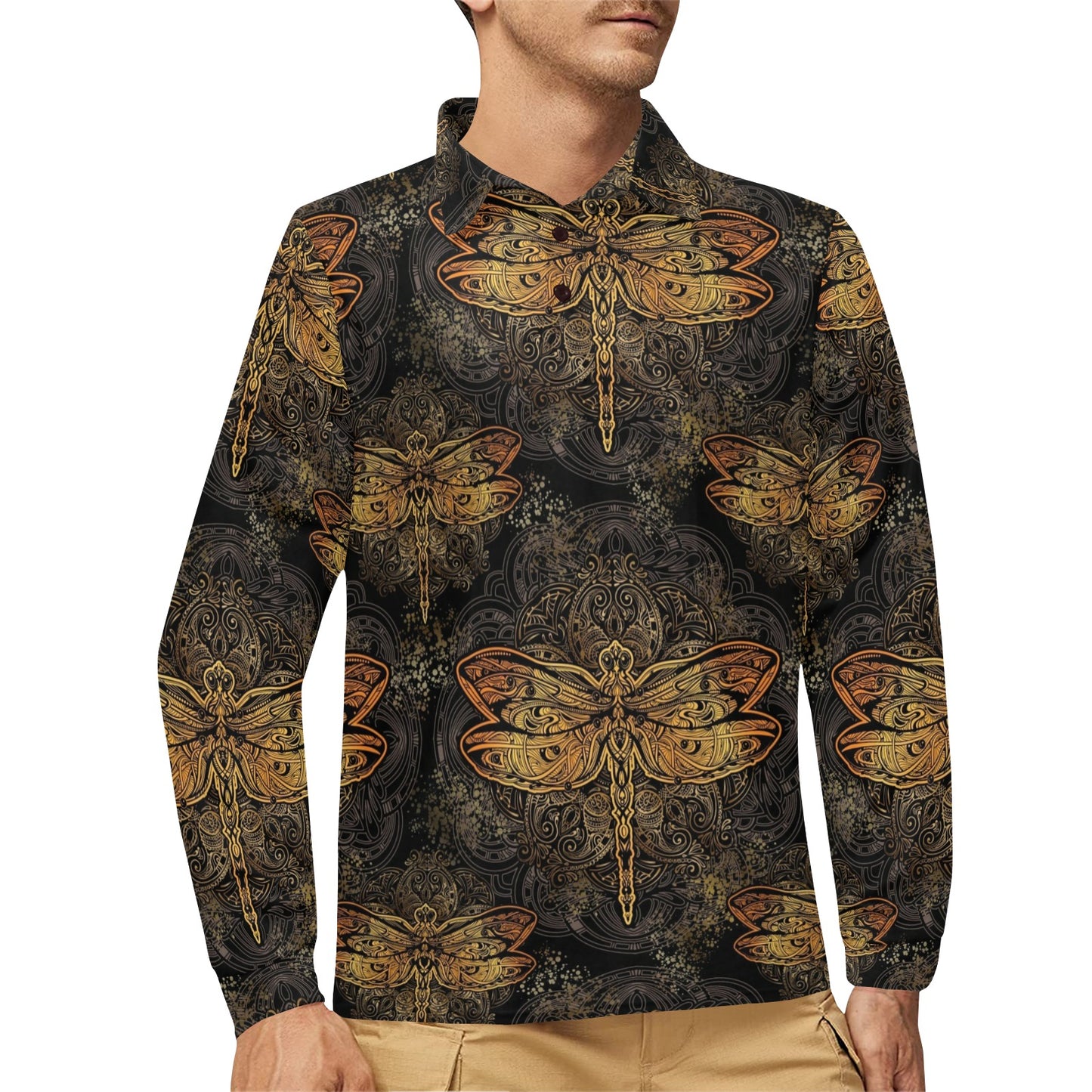 Gold Dragonfly Mandala Long Sleeve Polo Shirt For Men's