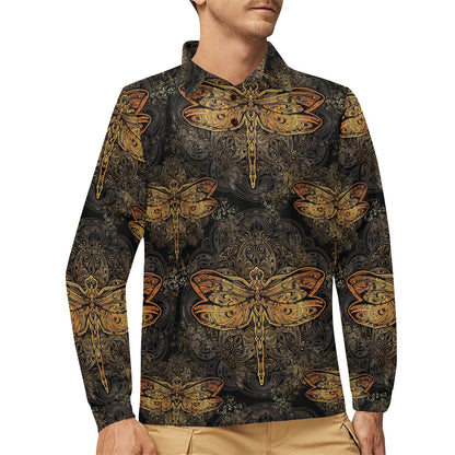 Gold Dragonfly Mandala Long Sleeve Polo Shirt For Men's