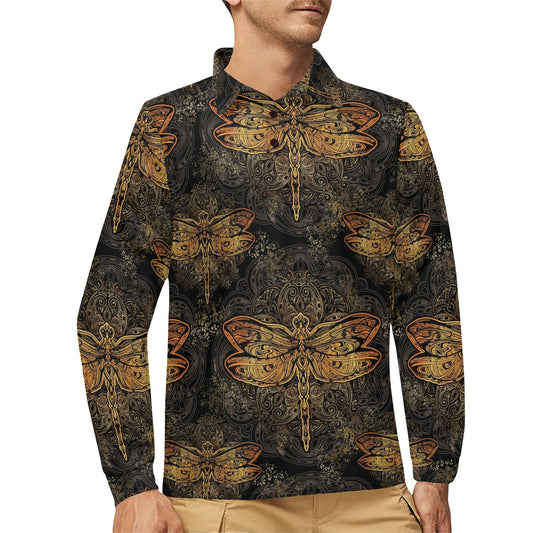 Gold Dragonfly Mandala Long Sleeve Polo Shirt For Men's