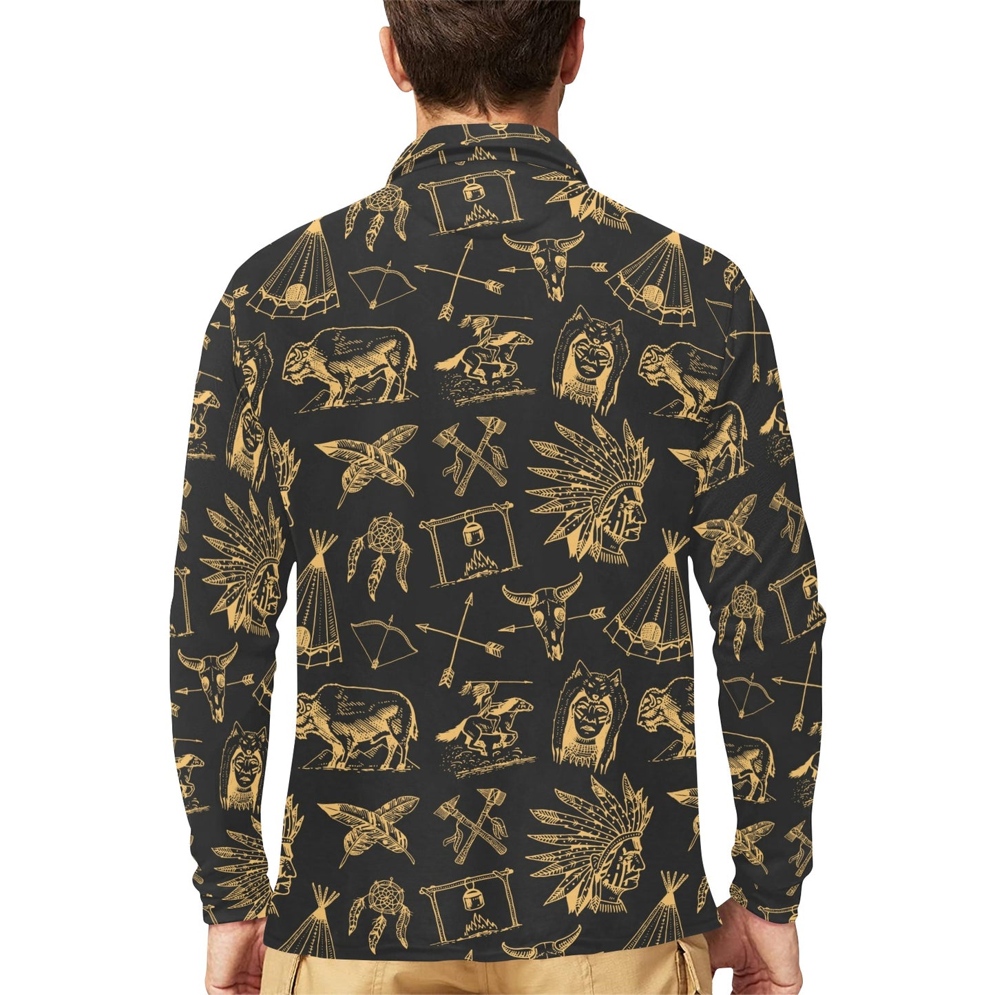 American indian Gold Style Long Sleeve Polo Shirt For Men's
