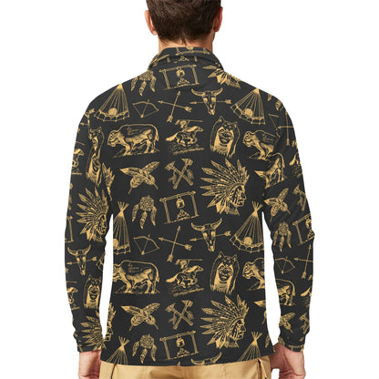 American indian Gold Style Long Sleeve Polo Shirt For Men's
