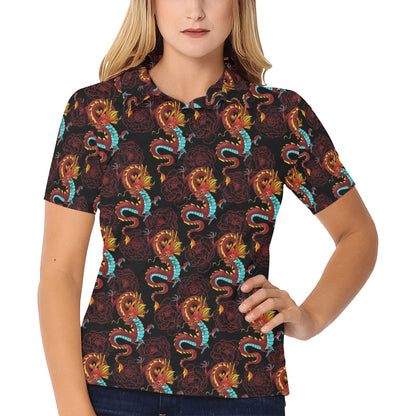 Chinese Dragons and Peonies Design Women's Polo Shirt