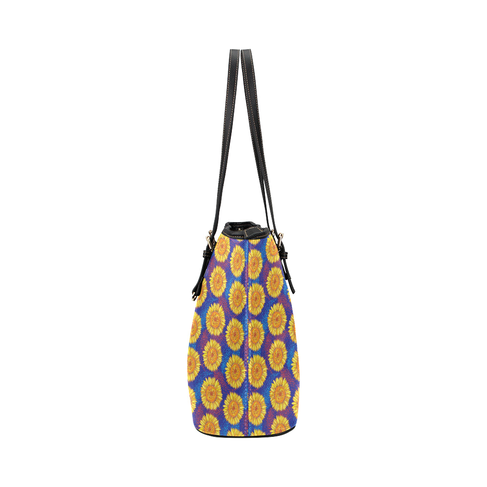Sunflower Hand Drawn Style Print Leather Tote Bag
