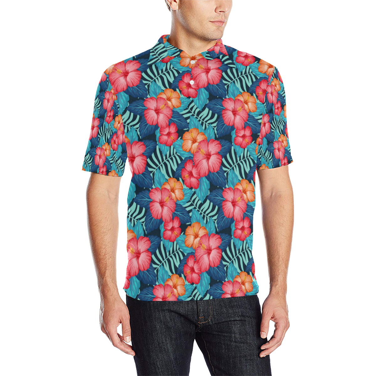 Red Hibiscus Pattern Print Design HB02 Men Polo Shirt