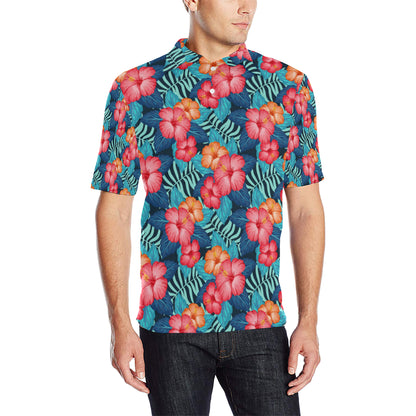 Red Hibiscus Pattern Print Design HB02 Men Polo Shirt