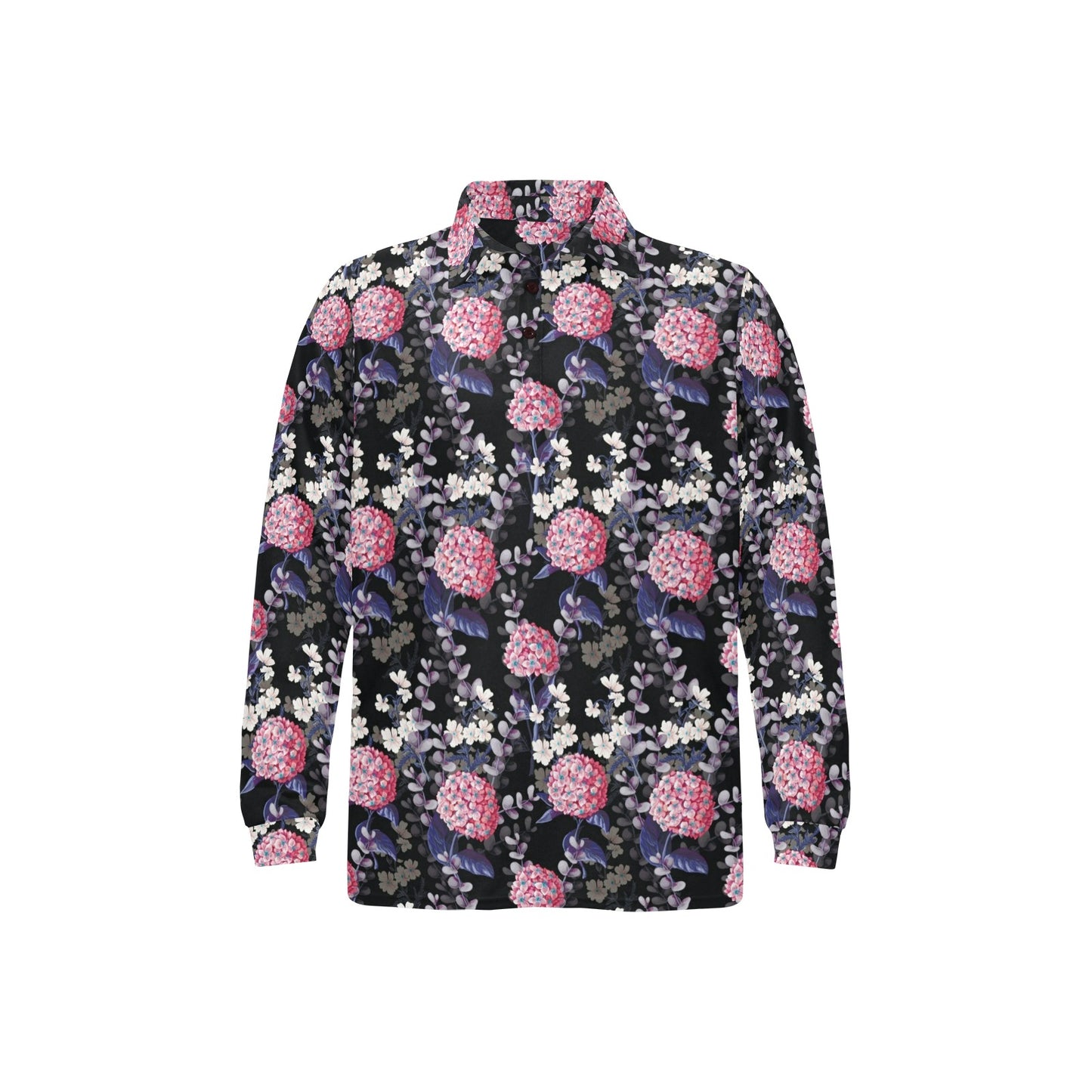 Hydrangea Pattern Print Design HD04 Long Sleeve Polo Shirt For Men's