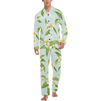 Yellow Plumeria Pattern Print Design PM024 Men's Long Pajama Set