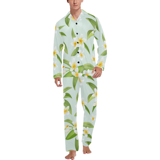 Yellow Plumeria Pattern Print Design PM024 Men's Long Pajama Set