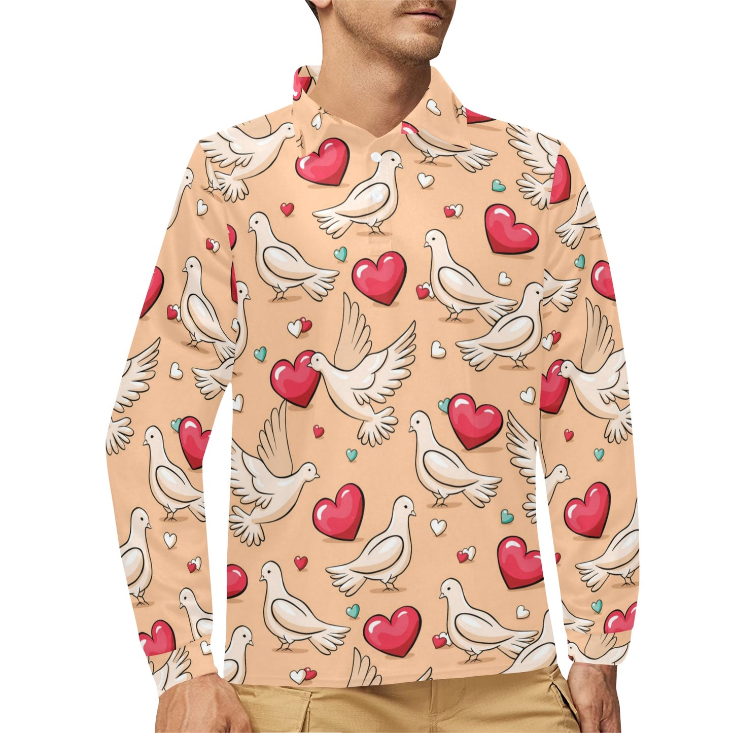 Pigeon Heart Pattern Print Design 04 Long Sleeve Polo Shirt For Men's