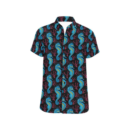 SeaHorse Print Design LKS401 Men Short Sleeve Button Up Shirt