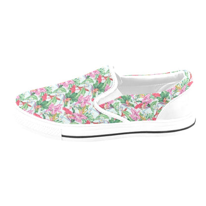 Tropical Flower Print Design LKS304 White Slip Ons Canvas Women's Shoes