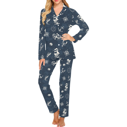 Nautical Sea Themed Print Women's Long Pajama Set