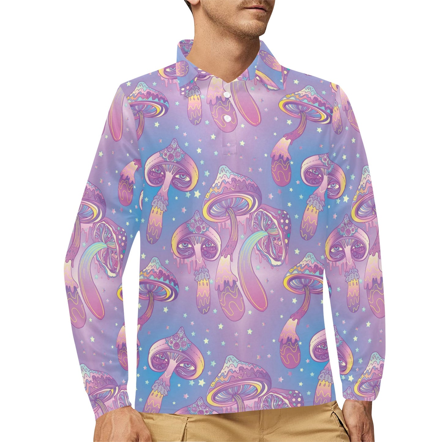Psychedelic Mushroom Pattern Print Design A01 Long Sleeve Polo Shirt For Men's