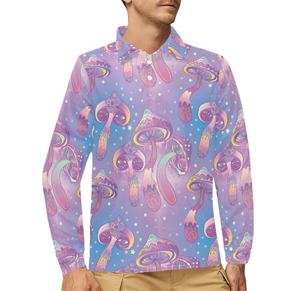 Psychedelic Mushroom Pattern Print Design A01 Long Sleeve Polo Shirt For Men's