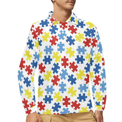 Autism Awareness Pattern Print Design 04 Long Sleeve Polo Shirt For Men's