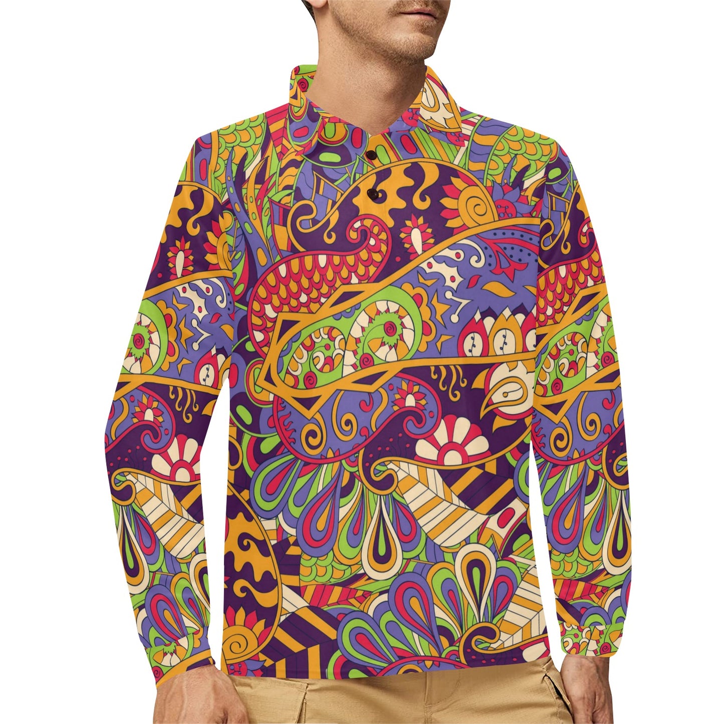 Funky Retro Pattern Print Design A04 Long Sleeve Polo Shirt For Men's