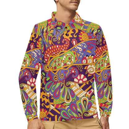 Funky Retro Pattern Print Design A04 Long Sleeve Polo Shirt For Men's