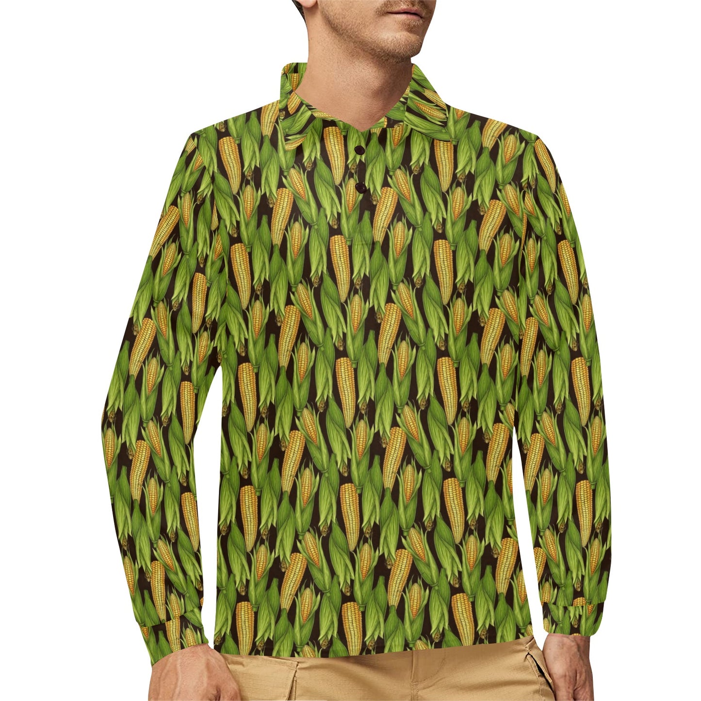 Agricultural Corn cob Print Long Sleeve Polo Shirt For Men's