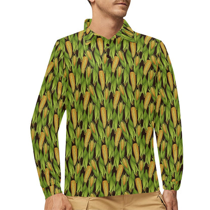 Agricultural Corn cob Print Long Sleeve Polo Shirt For Men's