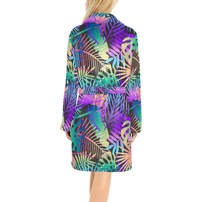 Neon Flower Tropical Palm Leaves Women's Fleece Robe