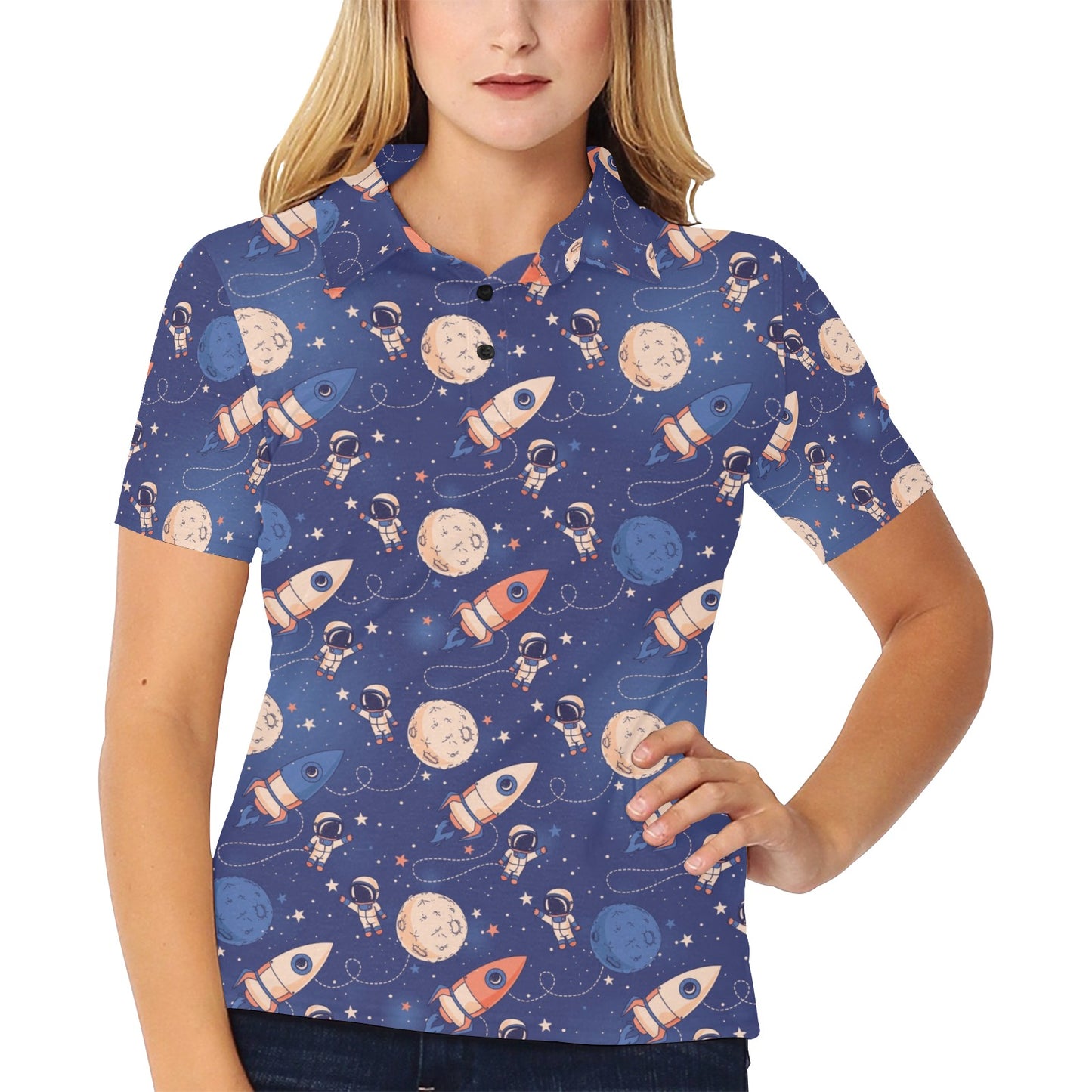Space Astronaut Rocket Print Design LKS304 Women's Polo Shirt
