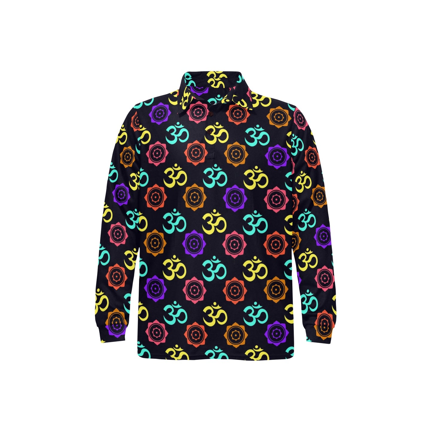 Chakra OM Print Pattern Long Sleeve Polo Shirt For Men's