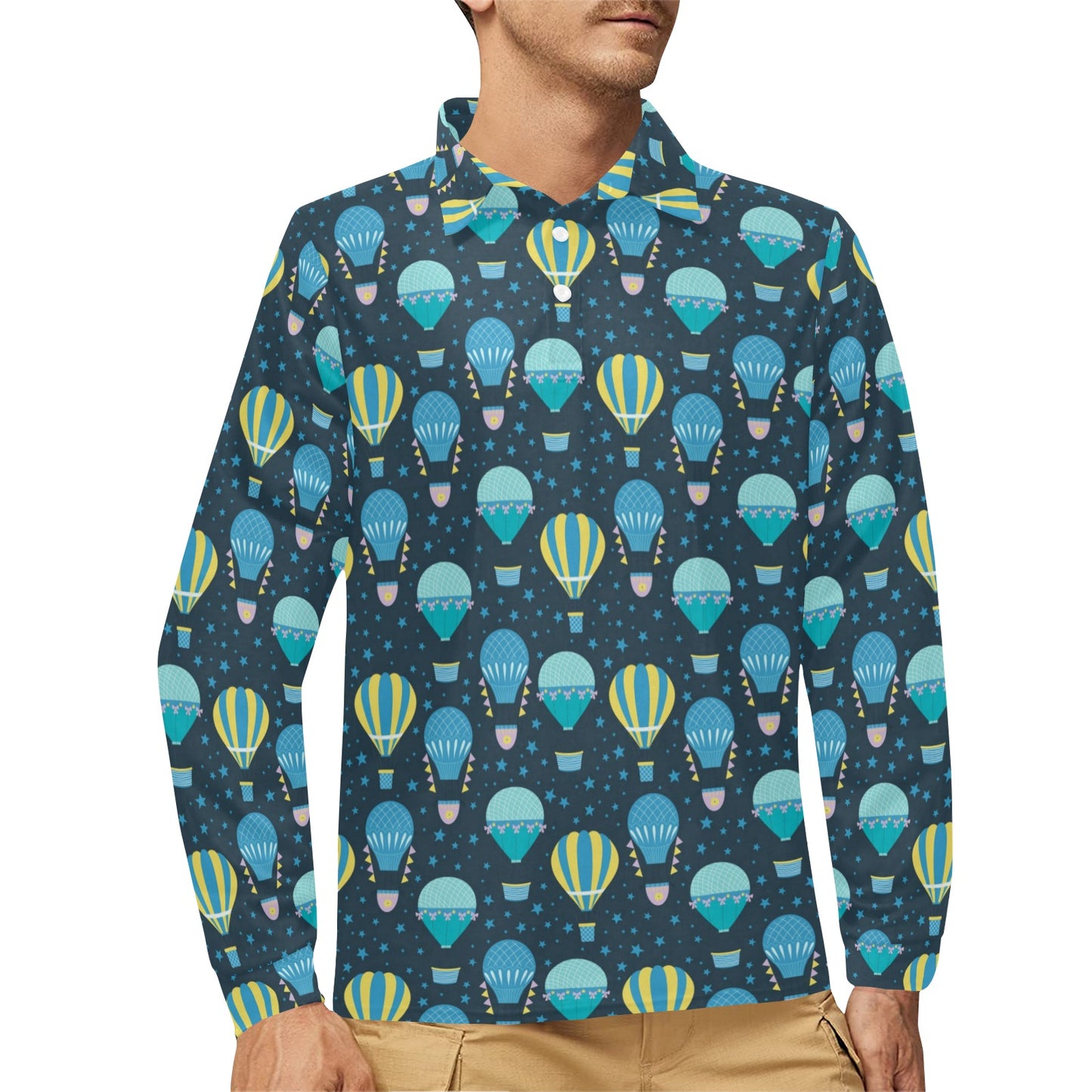 Ballon Pattern Print Design 06 Long Sleeve Polo Shirt For Men's