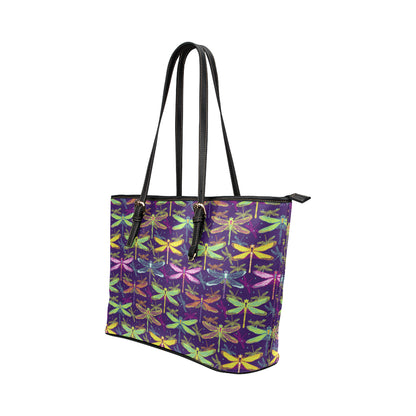 Dragonfly Neon Color Print Pattern Leather Tote Bag