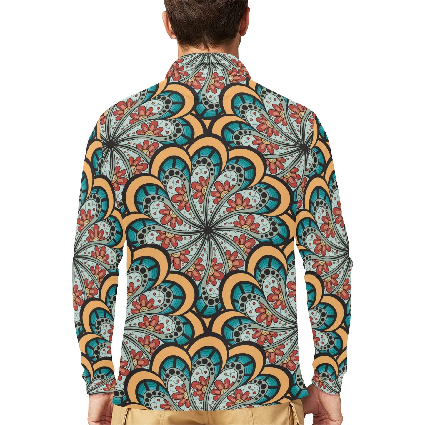 Mandala Pattern Print Design 01 Long Sleeve Polo Shirt For Men's