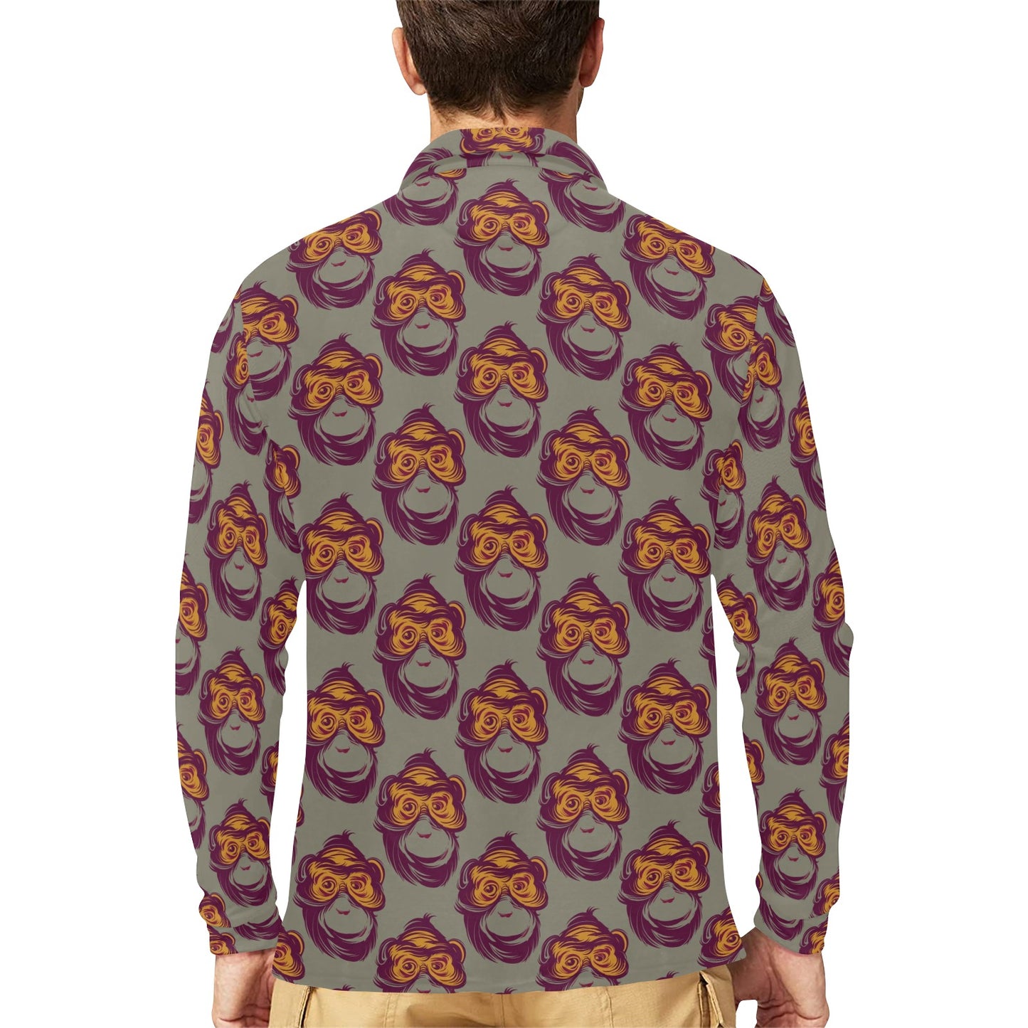 Chimpanzee Pattern Print Design 02 Long Sleeve Polo Shirt For Men's