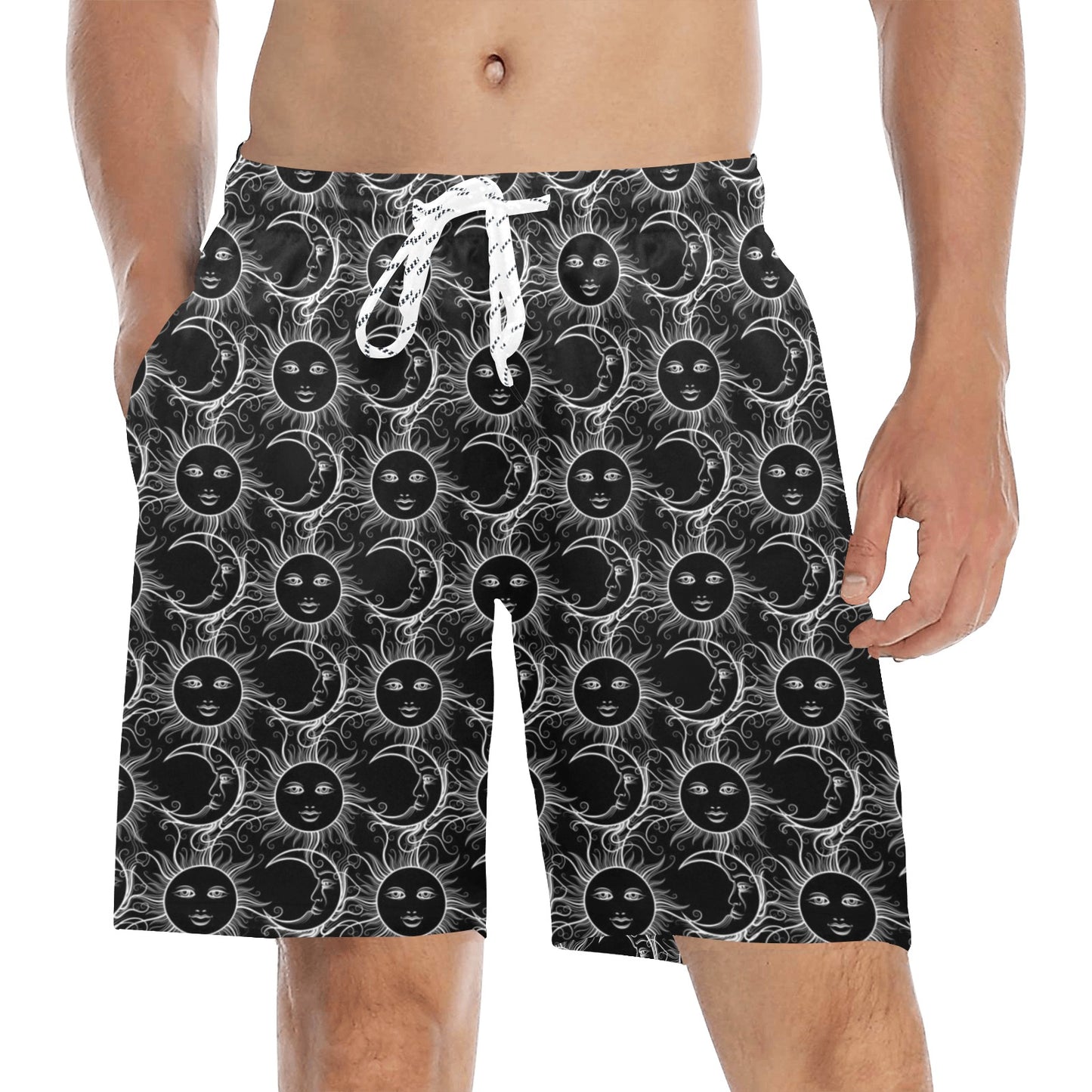 Sun Moon White Design Themed Print Men's Swim Trunks Beach Shorts