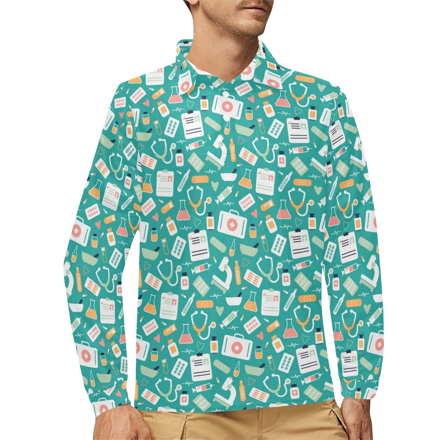 Medical Pattern Print Design 03 Long Sleeve Polo Shirt For Men's
